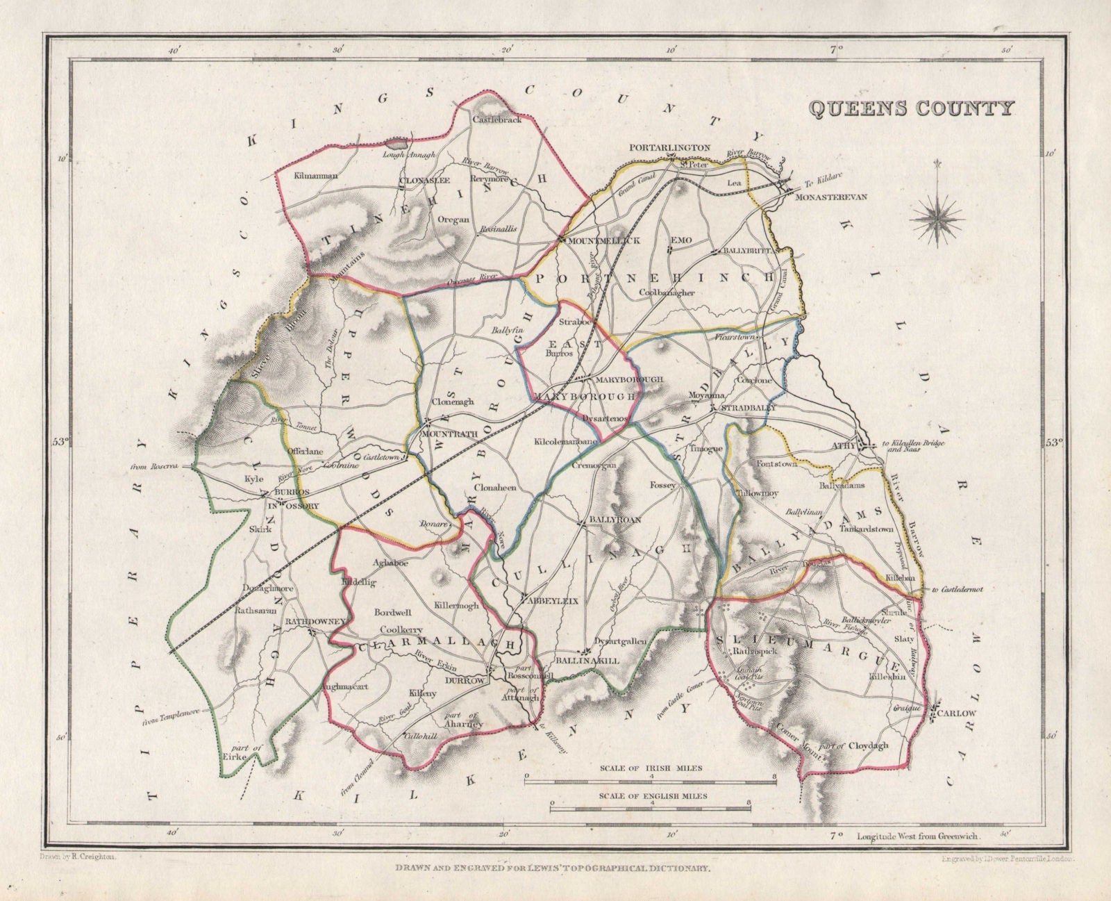 QUEENS COUNTY (LAOIS) antique map for LEWIS. CREIGHTON & DOWER. Ireland 1846